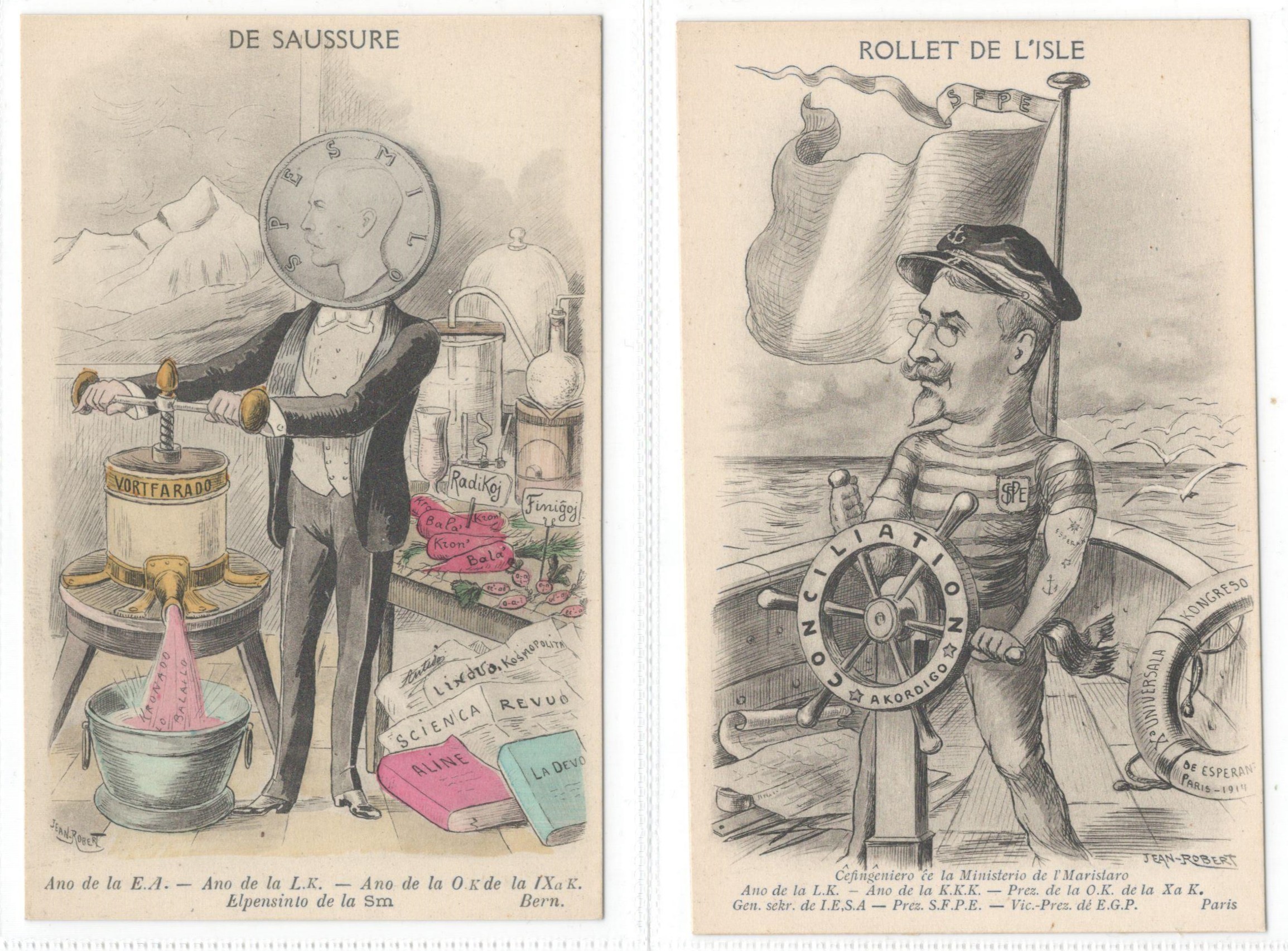 TWO EARLY FRENCH ESPERANTO PROPAGANDA CARTOON POSTCARDS