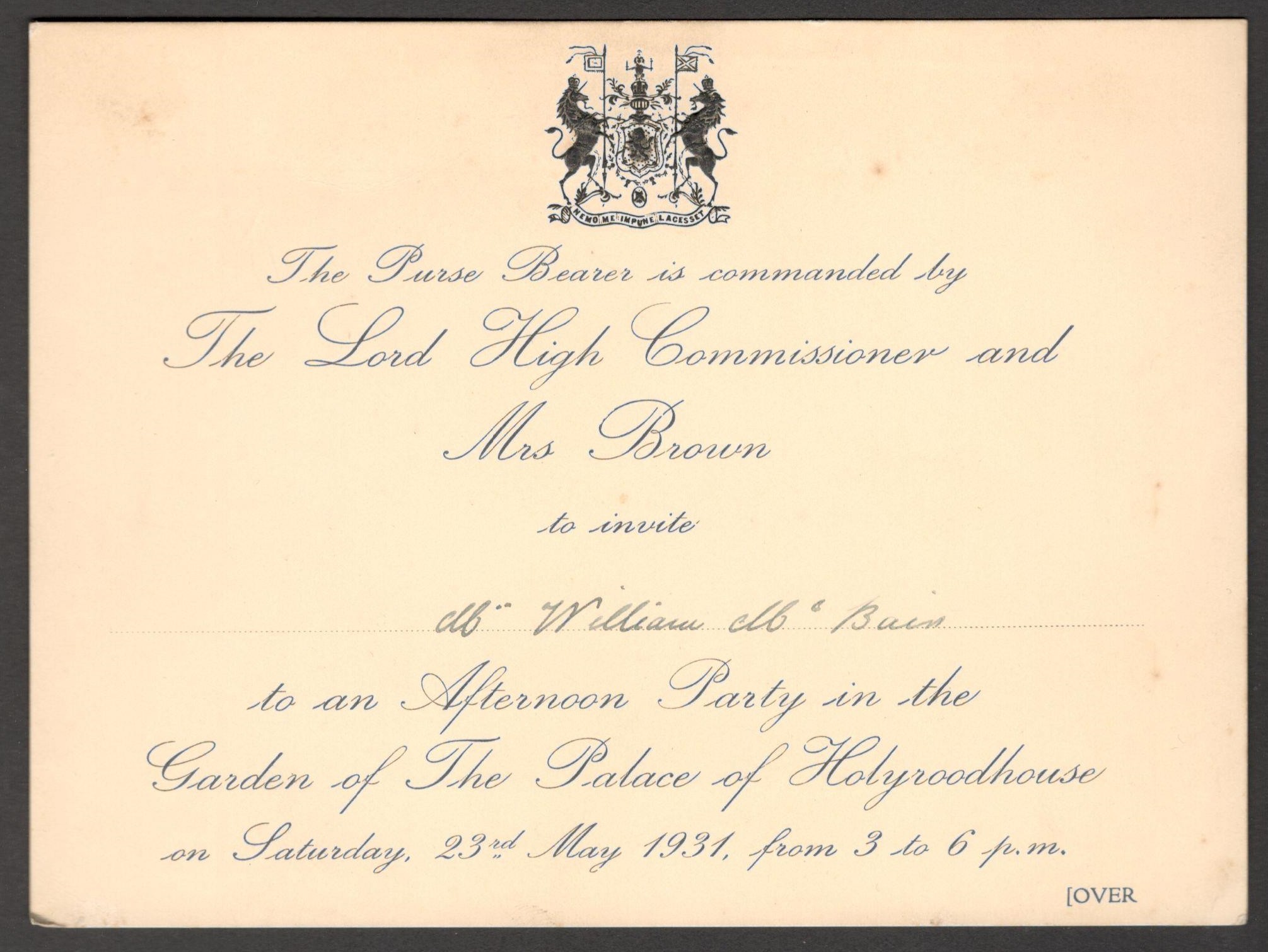 1931 INVITATION CARD FROM THE LORD HIGH COMMISSIONER AND MRS. BROWN FOR AFTERNOON PARTY