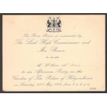 1931 INVITATION CARD FROM THE LORD HIGH COMMISSIONER AND MRS. BROWN FOR AFTERNOON PARTY