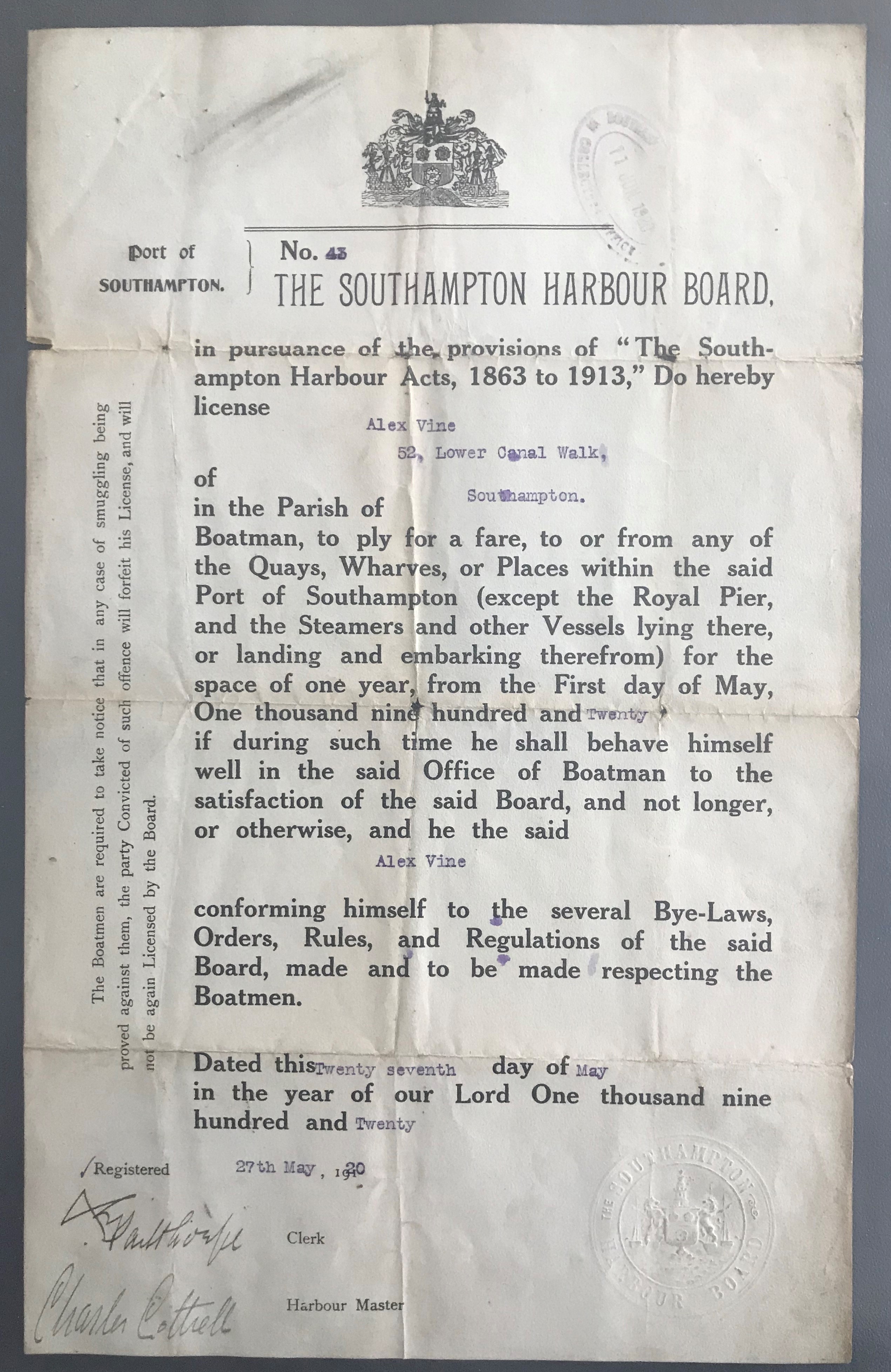 1920 THE SOUTHAMPTON HARBOUR BOARD LICENSE NOTICE STAMPED AND SIGNED