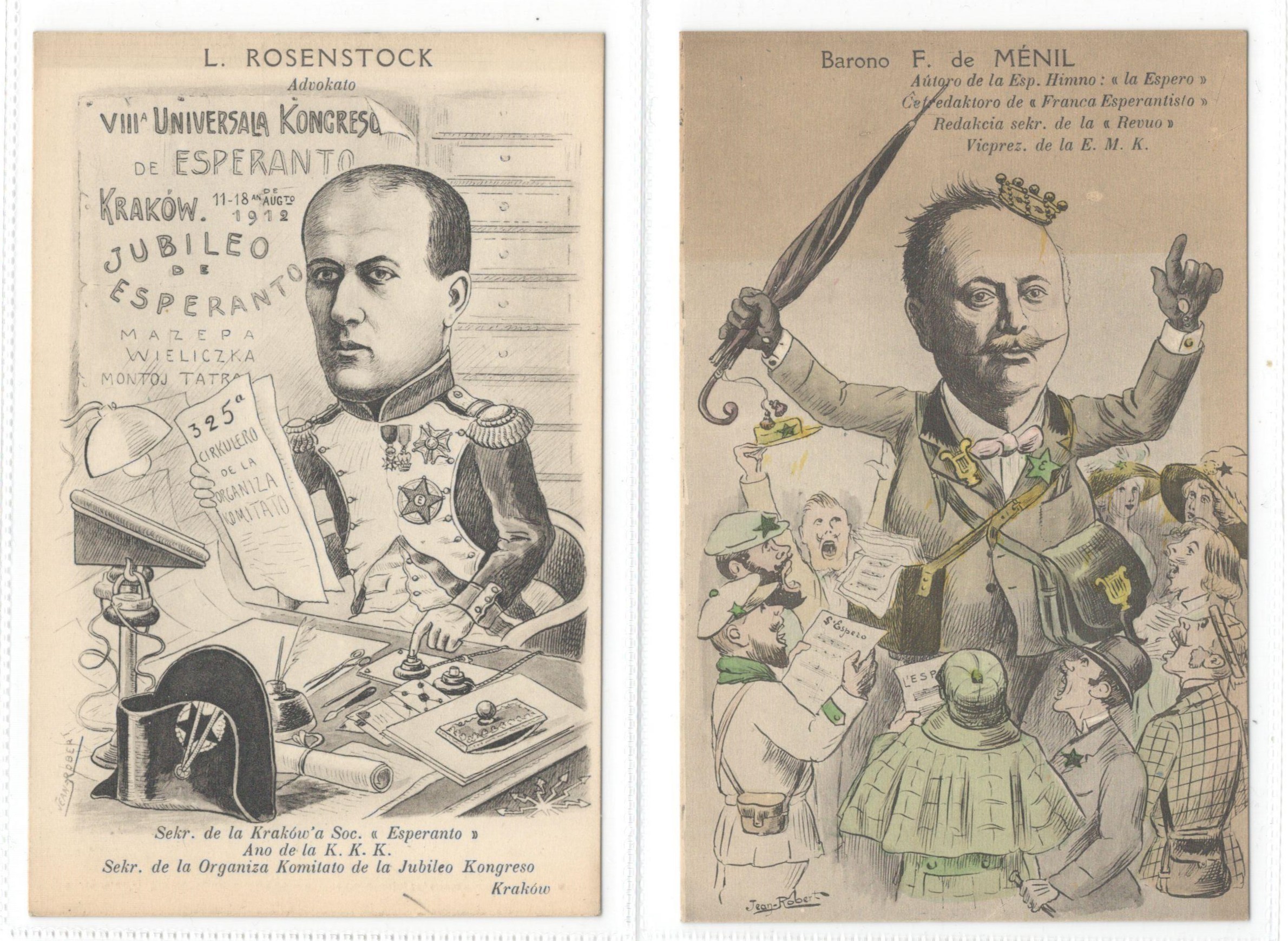 TWO EARLY FRENCH ESPERANTO PROPAGANDA CARTOON POSTCARDS