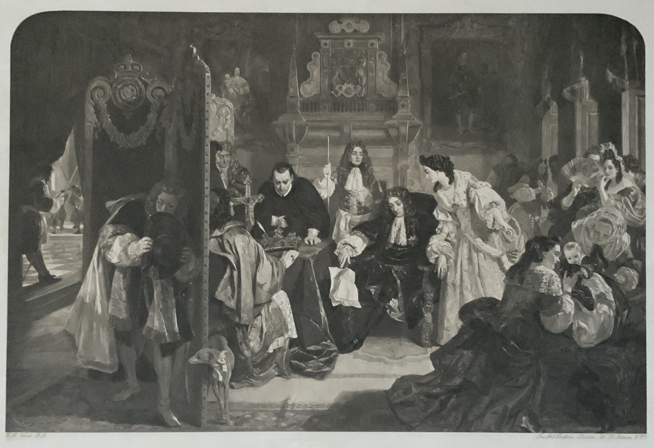 JAMES II IN HIS PALACE OF WHITEHALL ENGRAVING