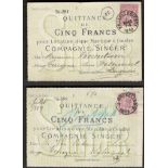 1889 TWO RECEIPTS FOR FIVE FRANCS FOR RENTAL OF A SEWING MACHINE FROM SINGER MANUFACTURING COMPANY