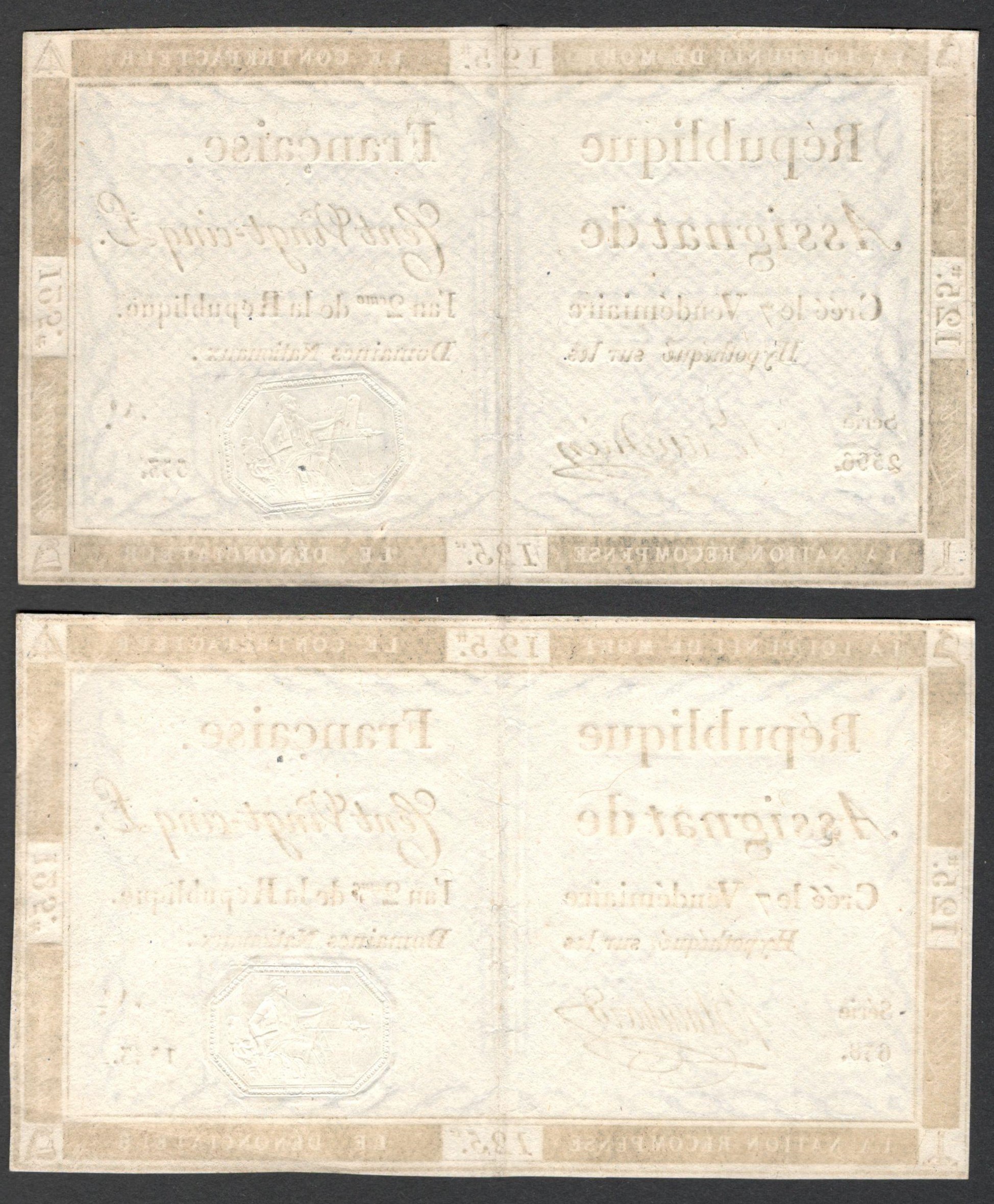 PAIR OF FRENCH ANTIQUE REPUBLIQUE ASSIGNAT DE FRANCAIS CENT VINGT-CINQ SERIE 2596, 658 - Image 2 of 2