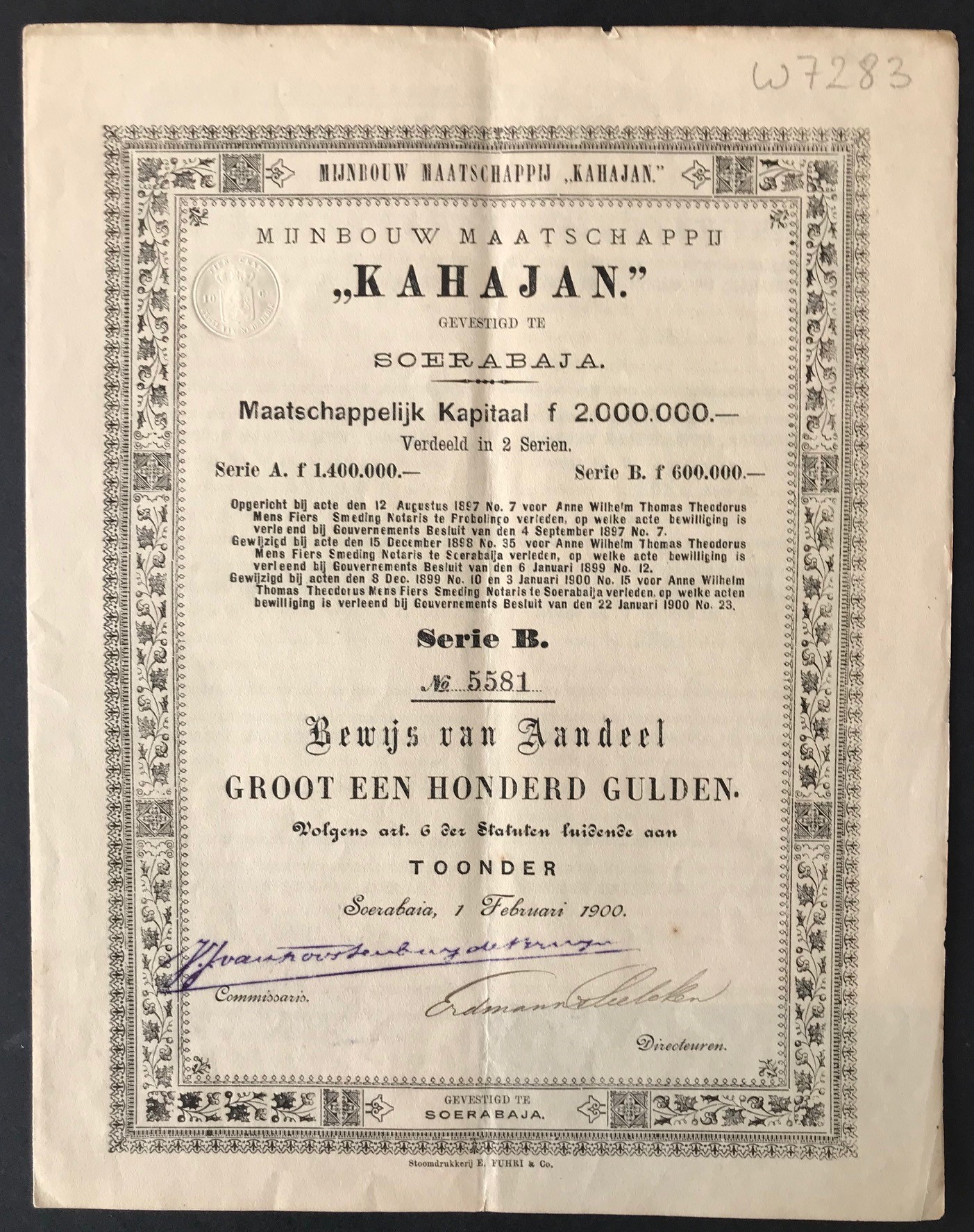 1900 SHARE CERTIFICATES FOR MINING COMPANY KAHAJAN FOUNDED IN SURABAYA DUTCH EAST INDIES