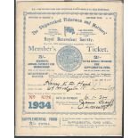 THE SHIPWRECKED FISHERMEN AND MARINERS ROYAL BENEVOLENT SOCIETY MEMBER’S TICKET - 1934  App.size: 14