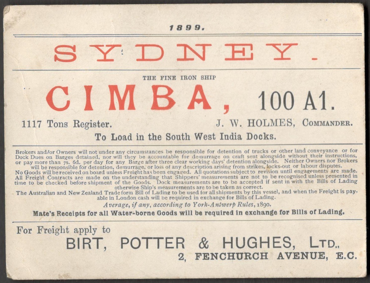 SYDNEY CIMBA THE FINE IRON SHIP 1899 PASS FOR LOAD IN THE SOUTHWEST INDIA DOCKS