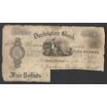 1872 DARLINGTON BANK FIVE POUNDS BANKNOTE SN: FE 867