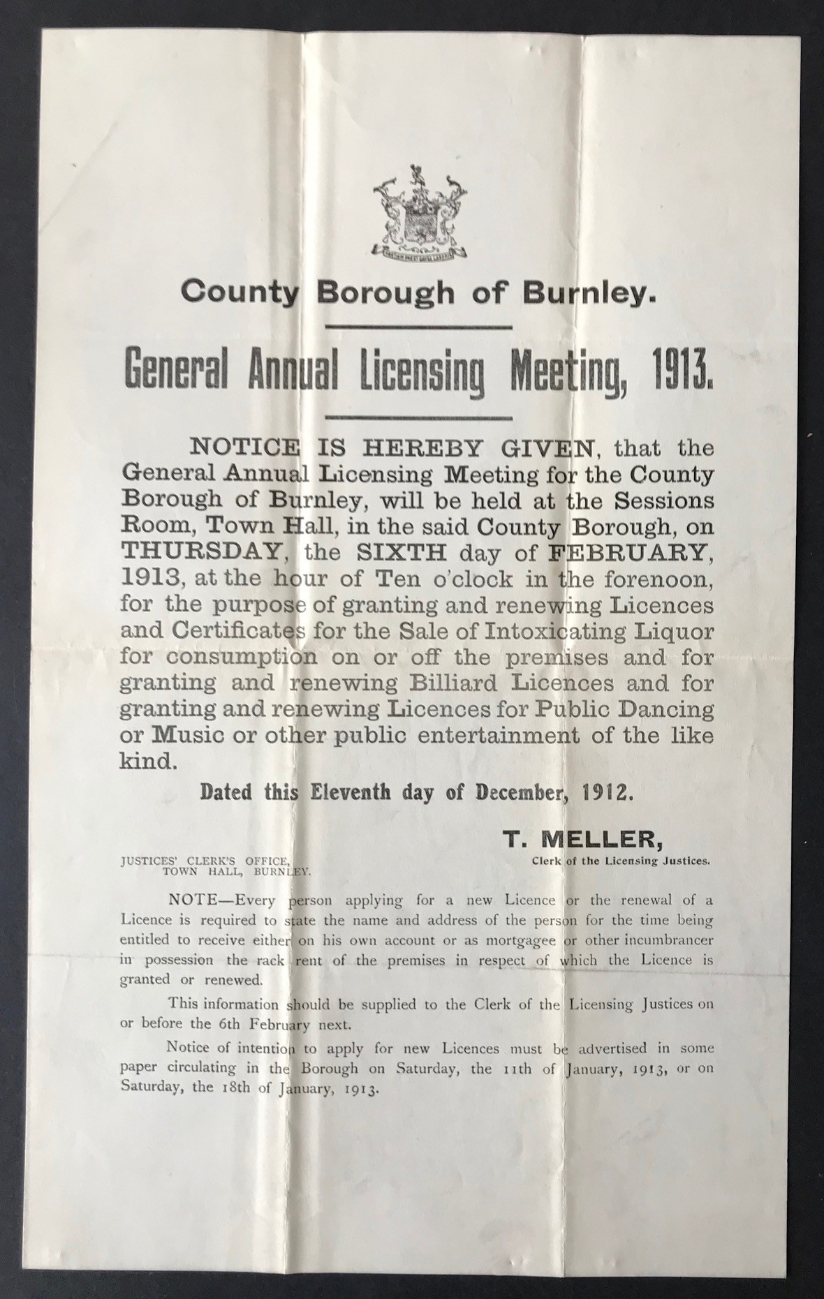 COUNTY BOROUGH OF BURNLEY NOTIFICATION OF GENERAL ANNUAL LICENSING MEETING 1913