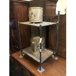 FOLDING CAST IRON POT STAND WITH TWO BRASS POTS