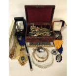 COSTUME JEWELLERY WITH TWO LADIES WATCHES (1 9CT GOLD) INCL. SOME MASONIC ITEMS