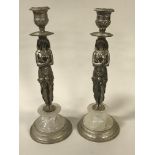 PAIR SILVER PLATE & ROCK CRYSTAL EYGPTIAN CANDLESTICKS