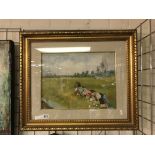 FRAMED OIL ON BOARD IMPRESSIONIST FARM WORKERS IN A FIELD - SIGNED