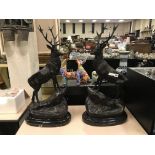 PAIR LARGE BRONZE STAGS ON MARBLE BASE