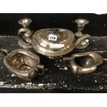 SILVER PLATE TEA SET & PAIR CANDLESTICKS