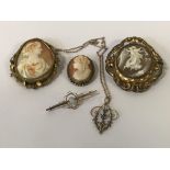 3 CAMEO BROOCHES WITH A VICTORIAN GOLD PENDANT, CHAIN & OPAL & GOLD BAR BROOCH