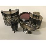 TWO HM SILVER TEA CADDYS WITH HM SILVER PHOTO FRAME & TWO SALTS