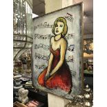 ACRYLIC ON CANVAS - BY SUDJADI WIDJAJA - MARILYN MONROE WITH NOTATION OF THE ELVIS CLASSIC LOVE ME