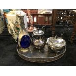 SILVER PLATED GALLERY TRAY & TEAPOTS & DECANTER