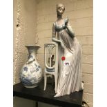 LARGE LLADRO FIGURE 'LADY WITH CHAIR AND DOG' & A LLADRO VASE