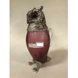 SILVER PLATED & RUBY GLASS OWL DECANTER