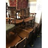 CARVED OAK DRAW LEAF TABLE, 7 CHAIRS & SIDEBOARD