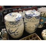 PAIR BLUE & WHITE BARREL STOOLS