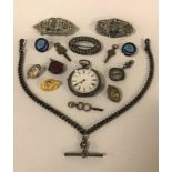 COLLECTION OF VARIOUS SILVER PIN BADGES, POCKET WATCH & CHAIN & SOME BROOCHES