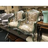 PAIR GREEN & GILT TUB CHAIRS