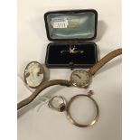 FOUR ITEMS OF 9CT GOLD WITH 9CT GOLD LADIES WRISTWATCH