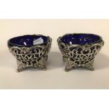 PAIR VICTORIAN HM SILVER PIERCED DISHES WITH BLUE LINERS