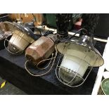 PAIR OF HANGING INDUSTRIAL LAMPS & 1 OTHER LANTERN