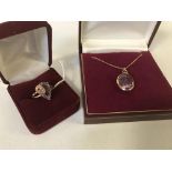 9CT GOLD PENDANT, CHAIN & RING SET WITH LARGE PINK GEMSTONES