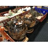 PAIR OF CERAMIC STOOLS & OTHER ITEMS AND TRAY OF BRIC-A-BRAC