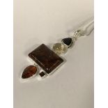 LARGE STERLING SILVER AMBER & GARNET PENDANT