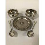 PAIR HM SILVER BOWLS & 2 HM SILVER SPOONS WITH A SILVER DISH