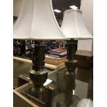 PAIR ANTIQUE BRASS TABLES LAMPS WITH SHADES