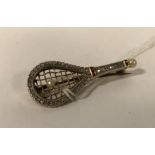 WHITE & YELLOW GOLD DIAMOND & SEED PEARL TENNIS RACKET BROOCH