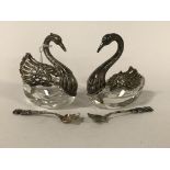 PAIR HM SILVER & GLASS SWAN SALTS