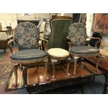 PAIR OF WALNUT ELBOW CHAIRS & A FOOTSTOOL