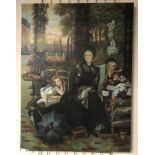 LARGE OIL ON CANVAS LADY MOTHER & DAUGHTER - SEWING IN THE GARDEN