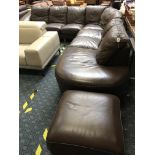 LARGE BROWN LEATHER SOFA & FOOTSTOOL