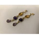 14K GILT SILVER CITRINE,TOPAZ & AMETHYST EARRINGS