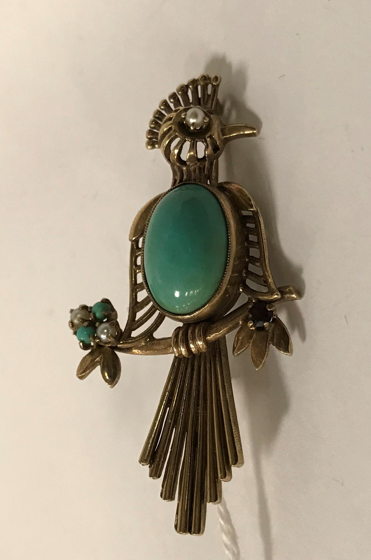 9CT GOLD TURQUOISE BROOCH WITH SEED PEARLS