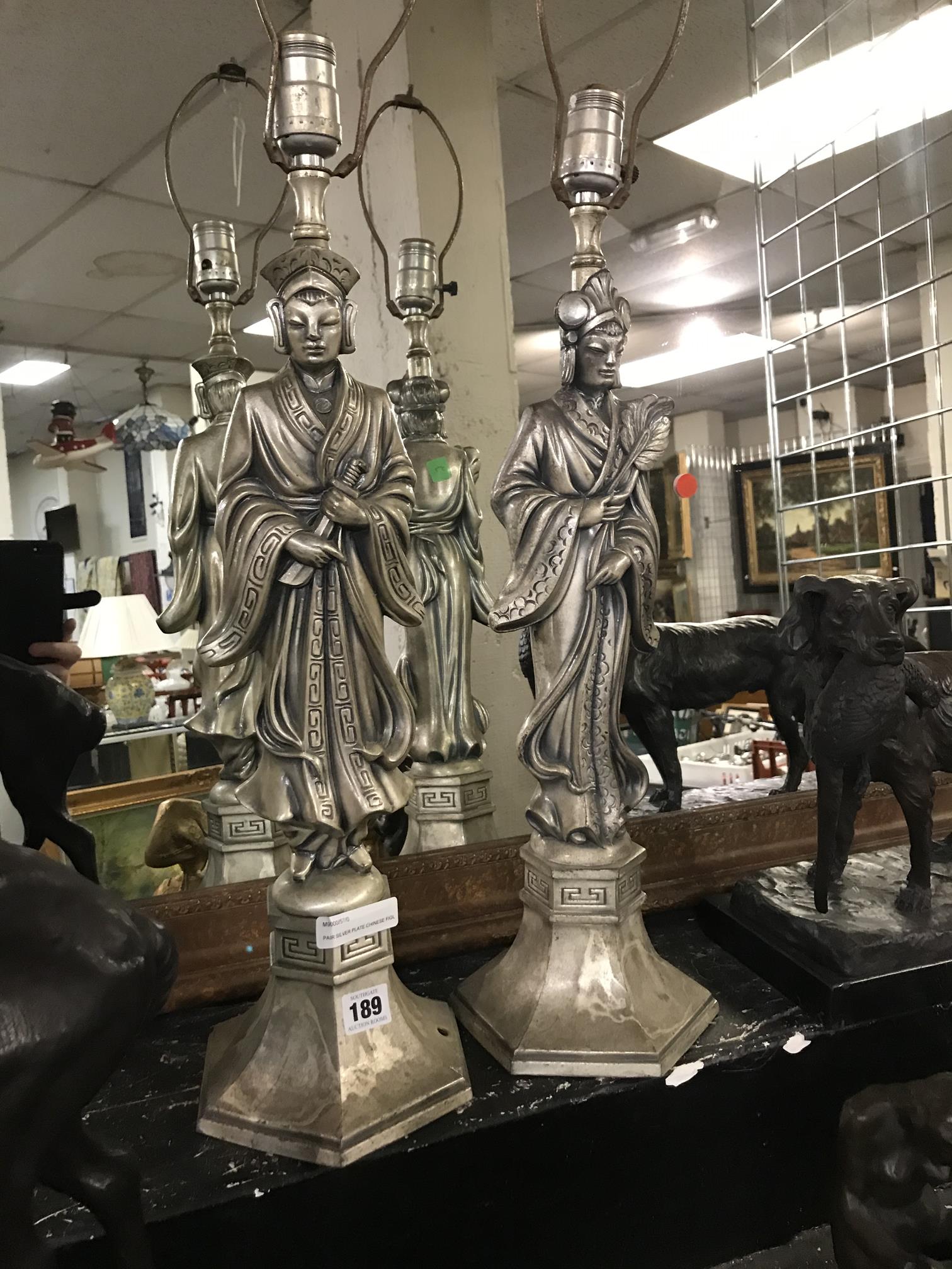 PAIR SILVER EFFECT CHINESE FIGURE LAMPS