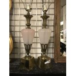 PAIR PINK GLASS & BRASS LAMPS
