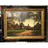 LARGE SIGNED ENGLISH COUNTRY VILLAGE ON CANVAS