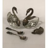 PAIR HM SILVER & GLASS SWAN SALTS