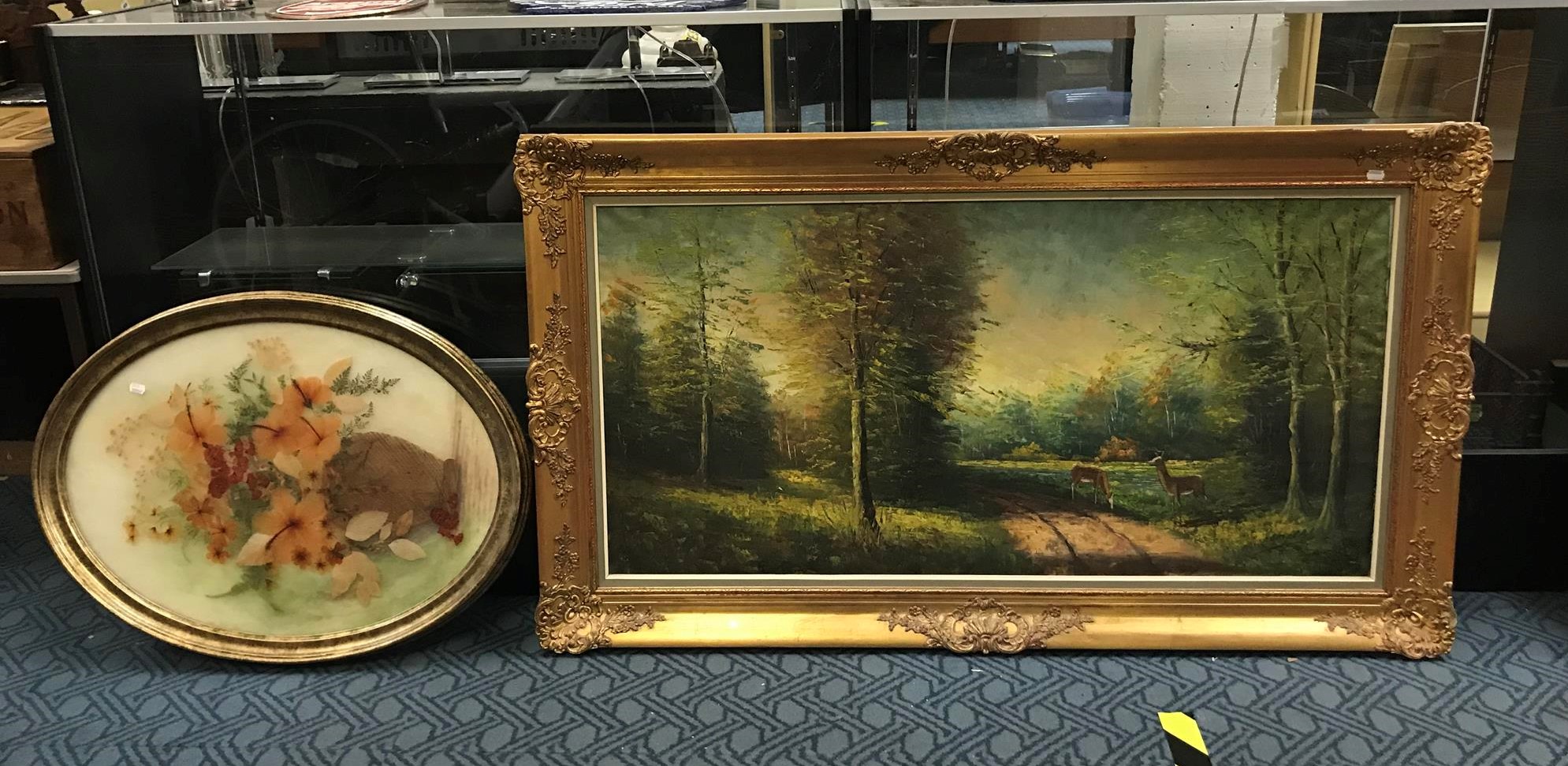 LARGE OIL ON CANVAS - WOODLAND SCENE WITH OVAL FRAMED DRIED FLOWER PICTURE