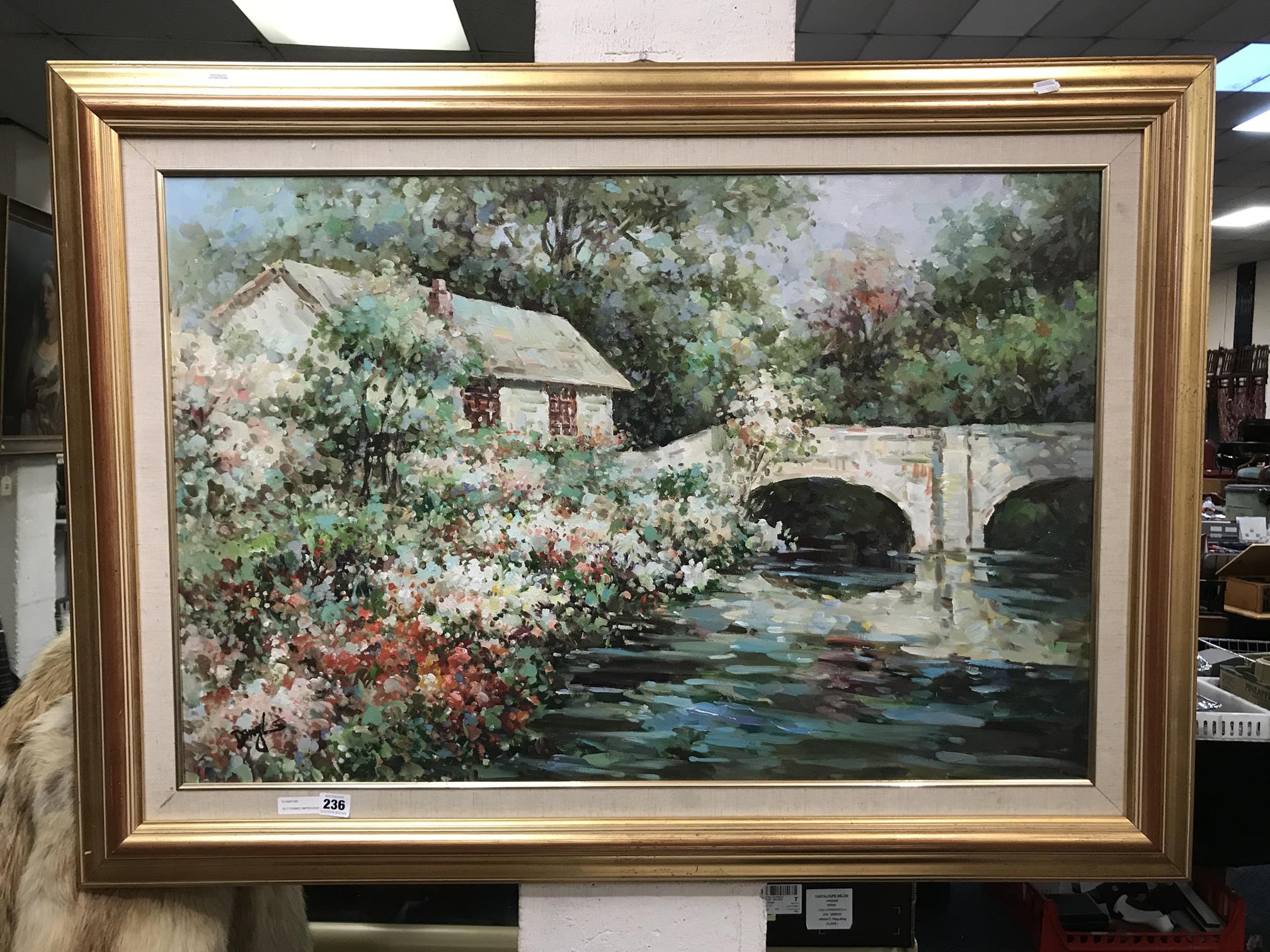 GILT FRAMED IMPRESSIONIST PICTURE - HOUSE ON THE RIVER